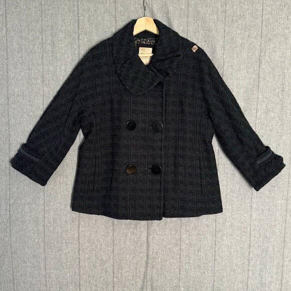 Thursday Island Black Tweed Portrait Collar 3/4 Sleeve Double Breasted Coat - Picture 1 of 11